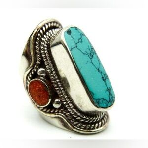 Rare Vintage Southwestern Sterling Silver Ring with turquoise and coral– Size 9